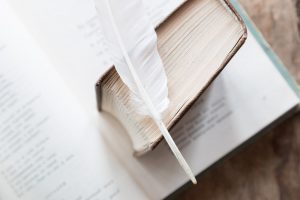 Book standing on end with white feather on top